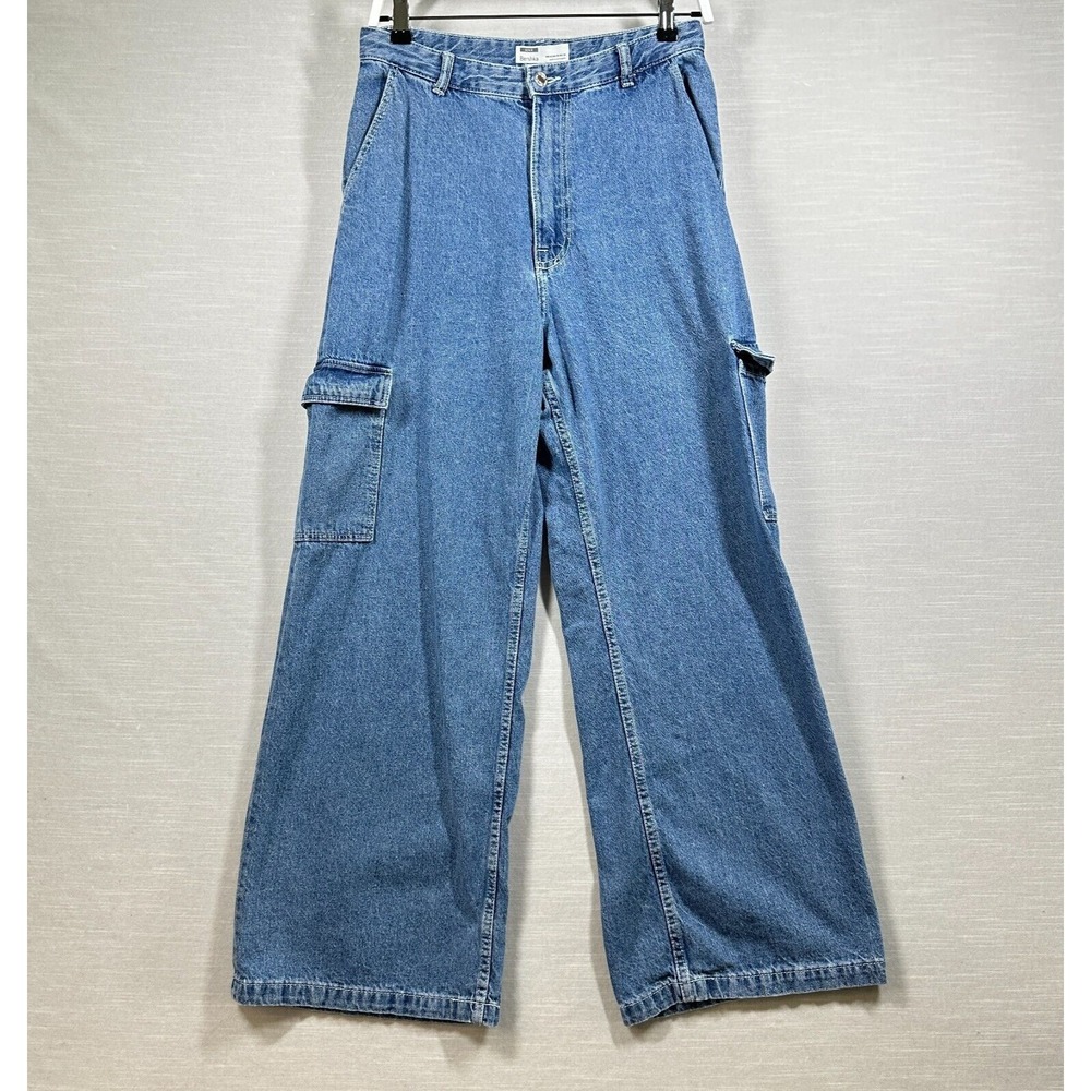 Bershka Cargo Jeans Womens 8 Blue Denim Wide Leg High Rise Workwear Y2K